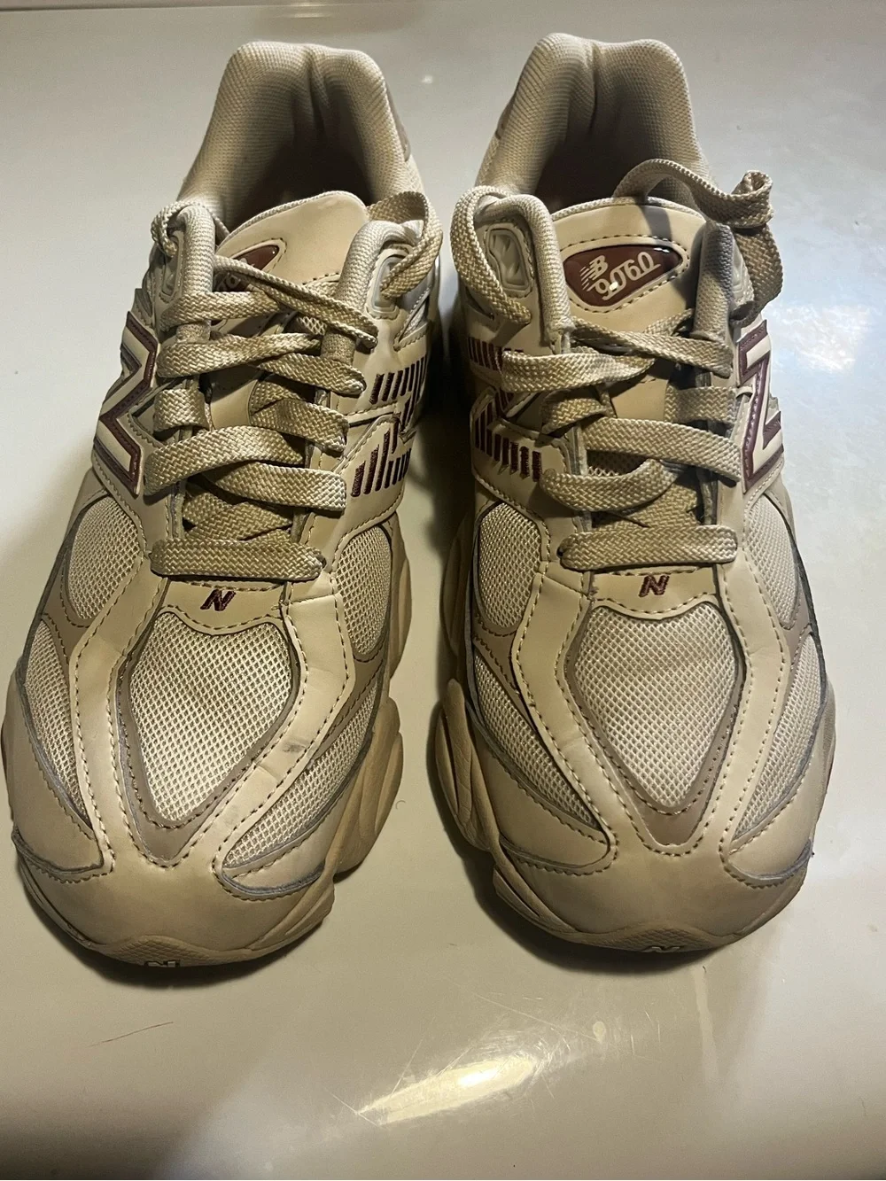 New Balance Cream/Tan Sneakers with Maroon N Logo